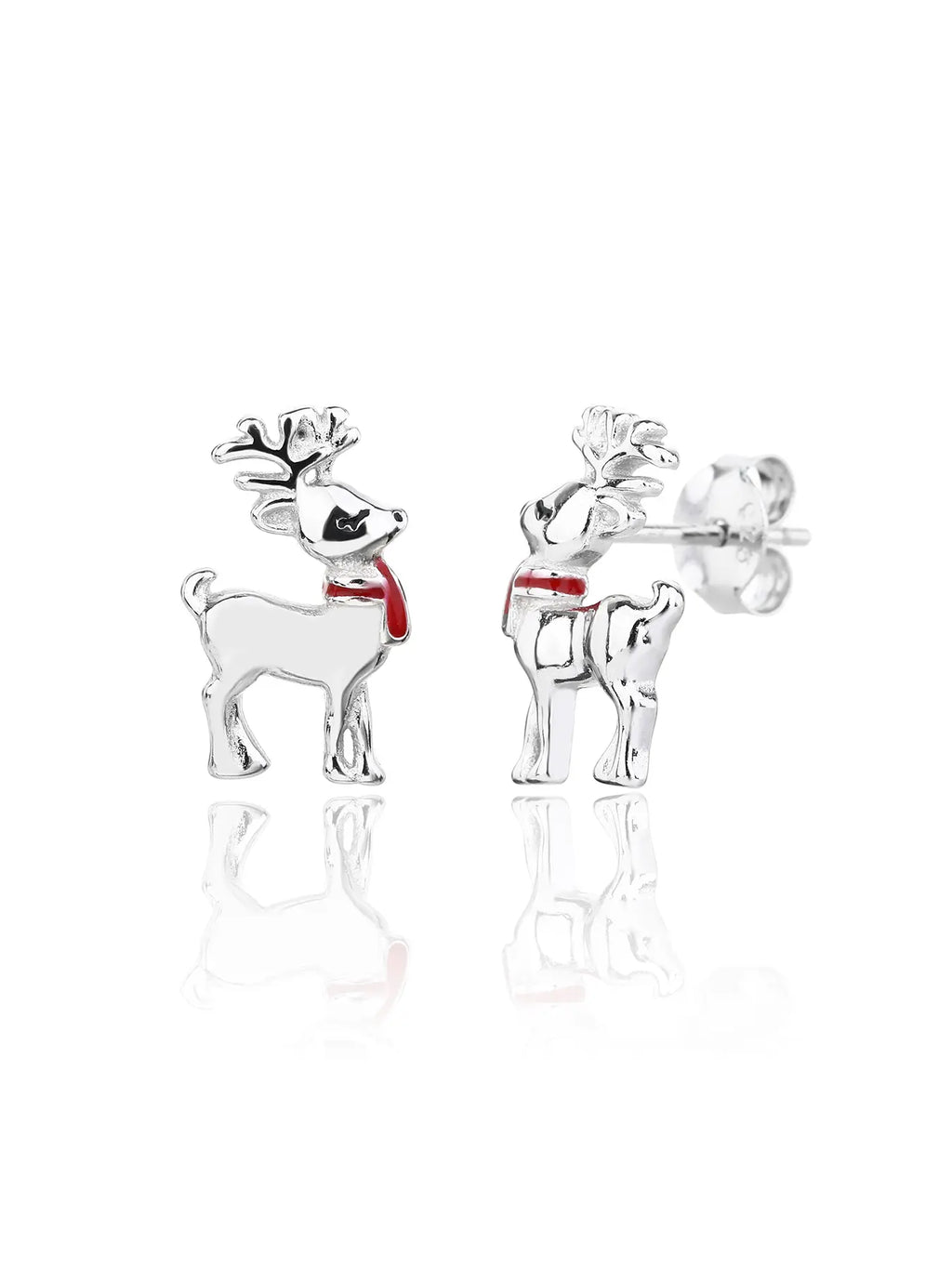 Reindeer stud earrings with red scarf in hallmarked, rhodium-plated 925 sterling silver – front and side views – DRESCHER Jewellery®