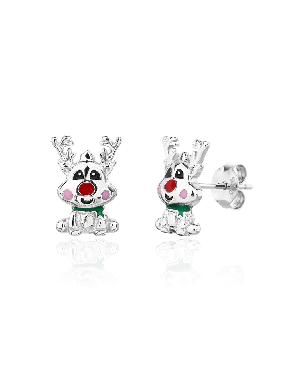 Multicoloured enamel reindeer stud earrings in hallmarked, rhodium-plated 925 sterling silver – front and side views – DRESCHER Jewellery®