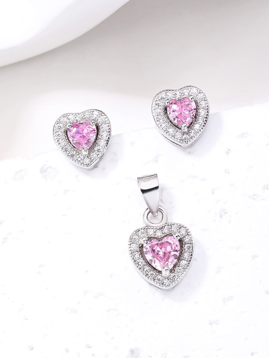 pink heart shaped zirconia stud earrings and pendant set in hallmarked, rhodium-plated 925 sterling silver – front set view – DRESCHER Jewellery®