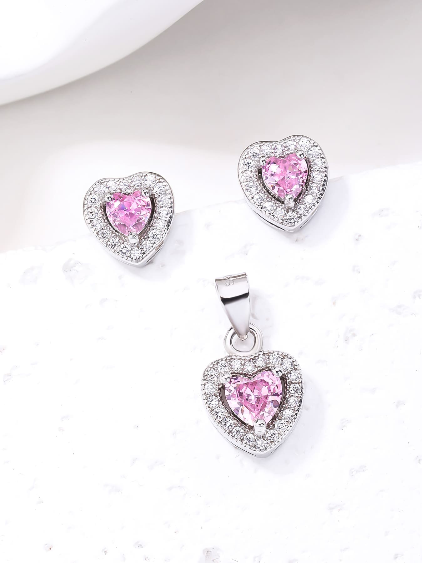 pink heart shaped zirconia stud earrings and pendant set in hallmarked, rhodium-plated 925 sterling silver – front set view – DRESCHER Jewellery®