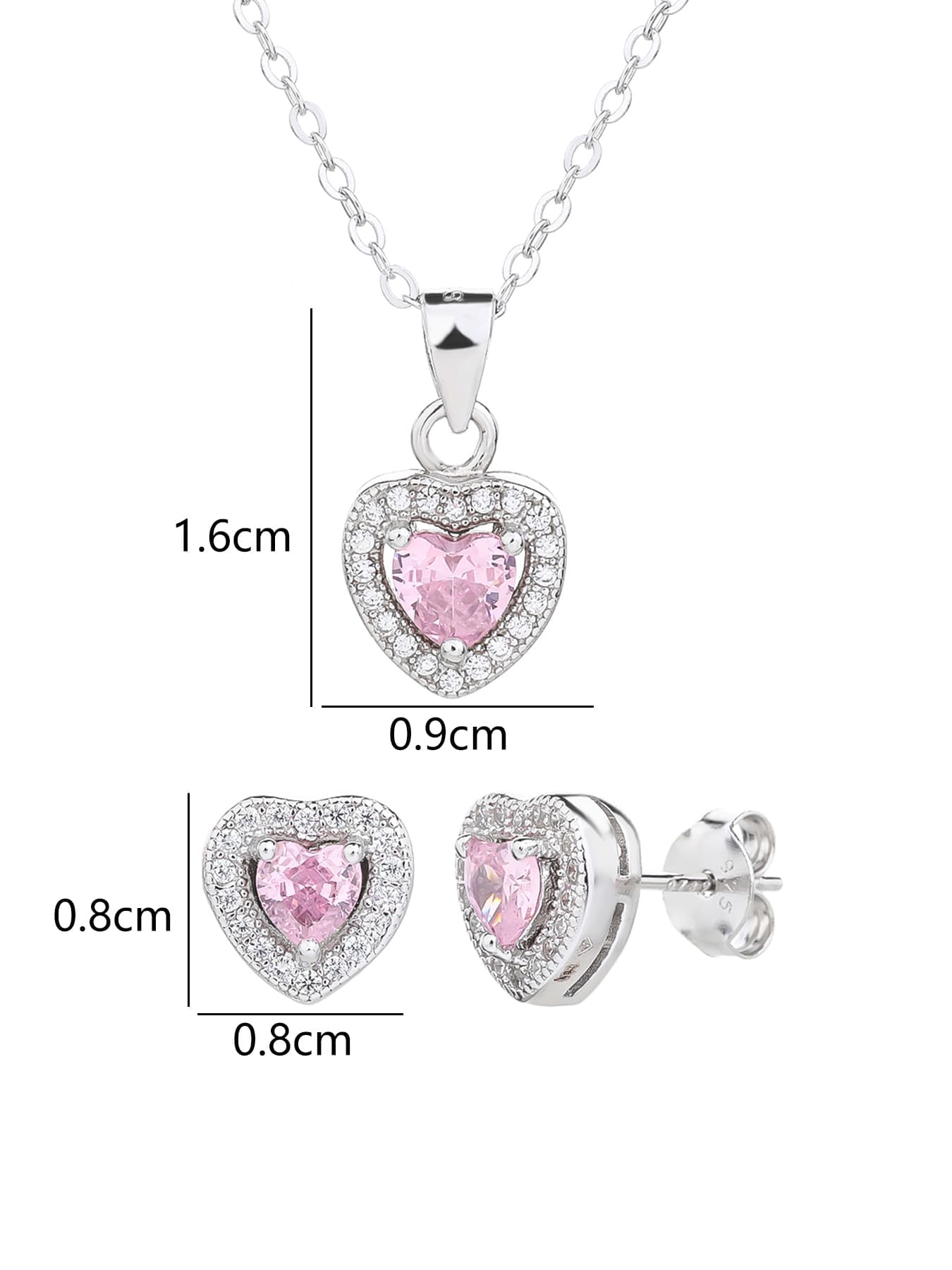 pink heart shaped zirconia stud earrings and pendant set in hallmarked, rhodium-plated 925 sterling silver – dimensions view – DRESCHER Jewellery®