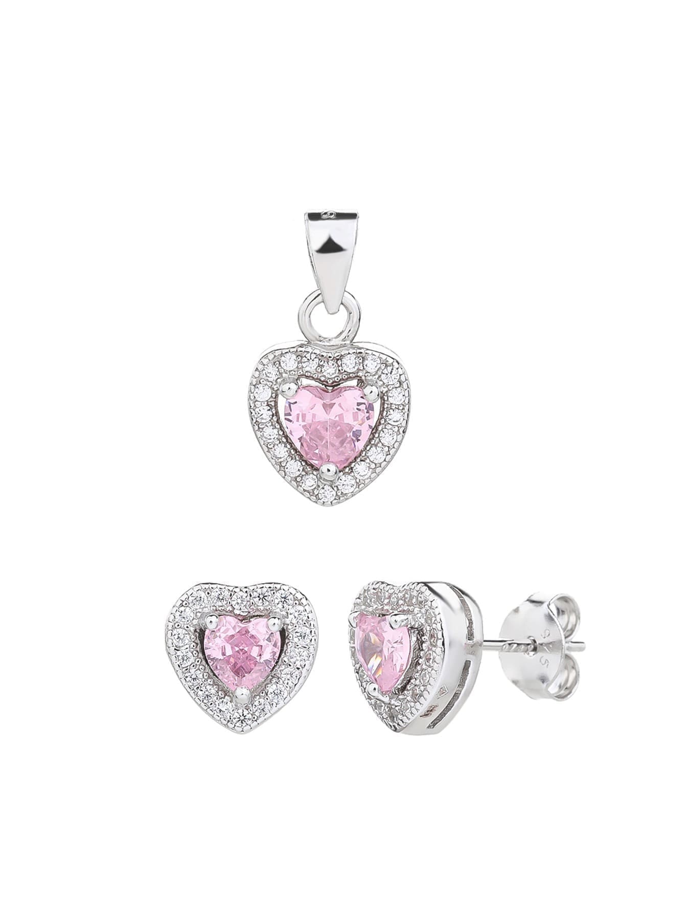 pink heart shaped zirconia stud earrings and pendant set in hallmarked, rhodium-plated 925 sterling silver – alternate front set view – DRESCHER Jewellery®