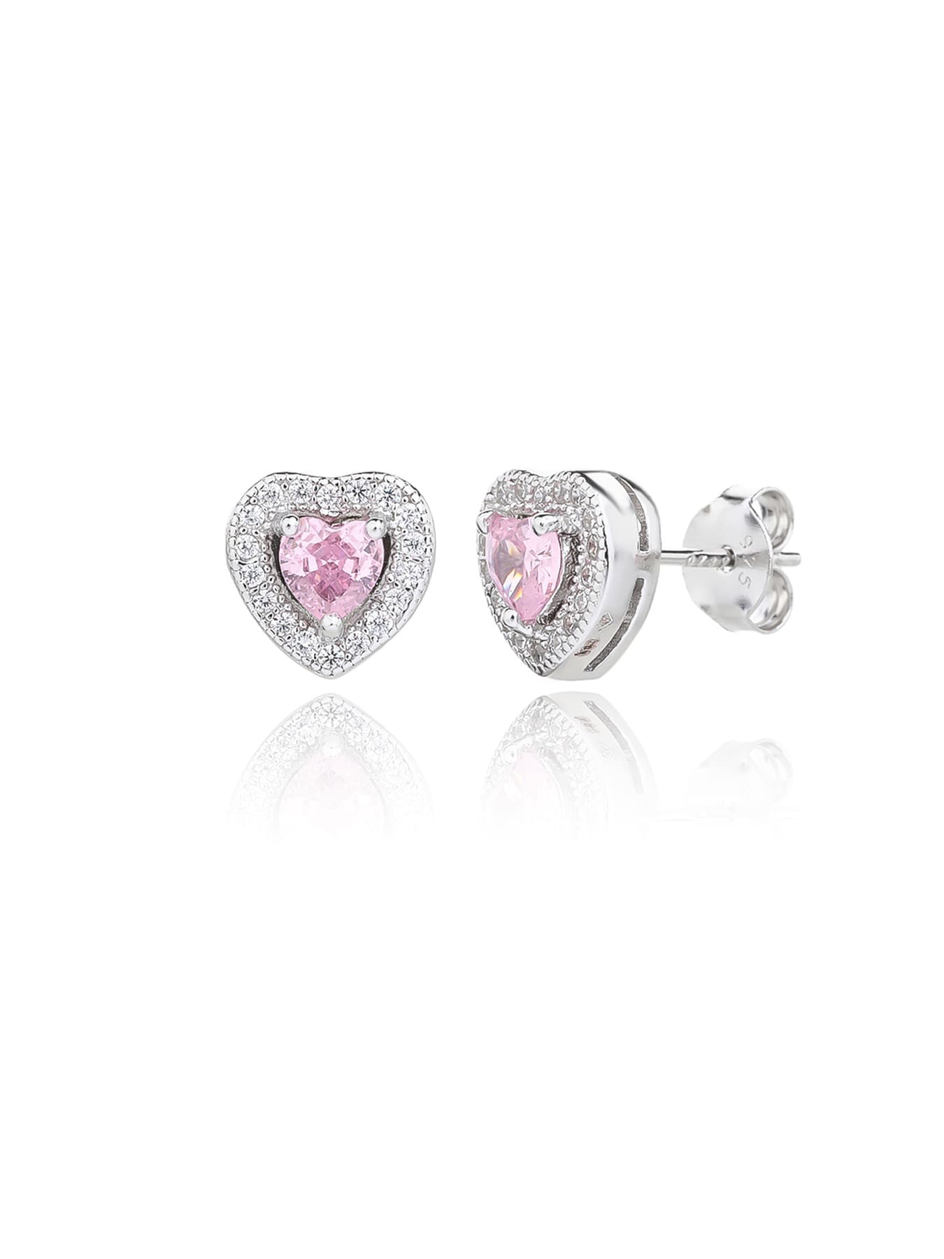 pink heart shaped zirconia stud earrings and pendant set in hallmarked, rhodium-plated 925 sterling silver – earrings front and side views – DRESCHER Jewellery®