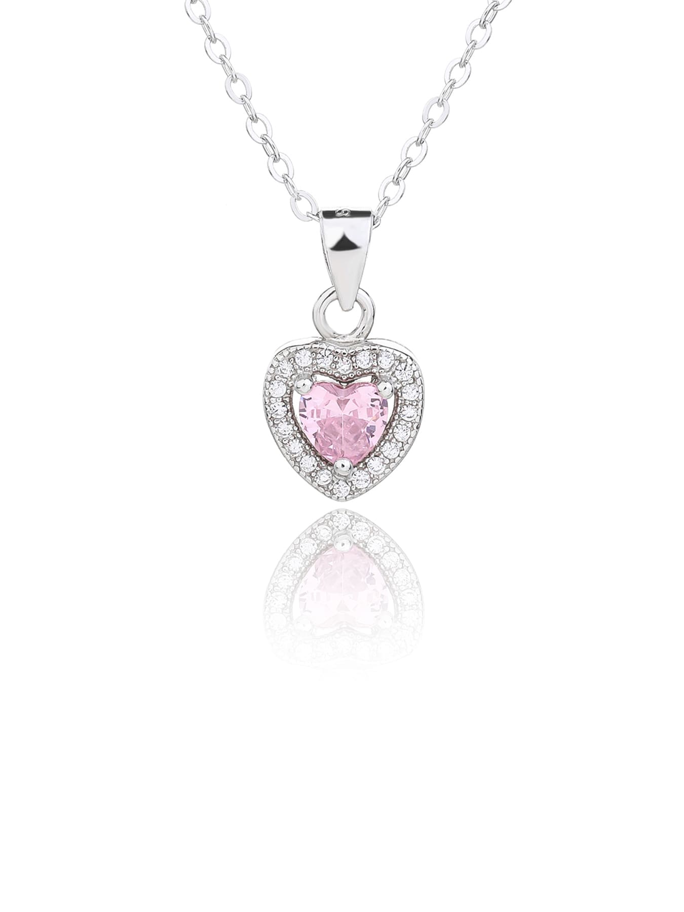 pink heart shaped zirconia stud earrings and pendant set in hallmarked, rhodium-plated 925 sterling silver – display view – DRESCHER Jewellery®