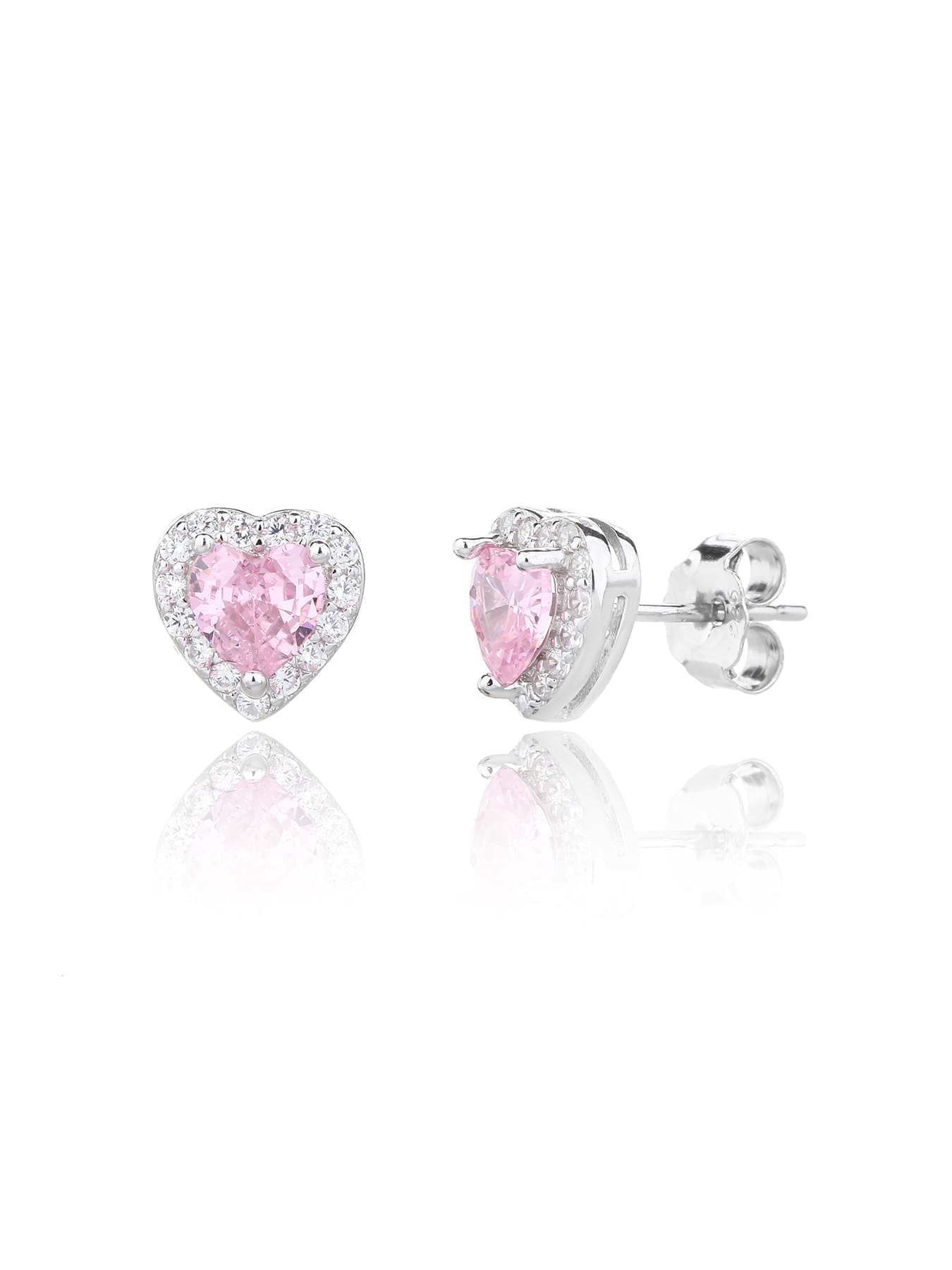 Pink heart and white cubic zirconia stud earrings in hallmarked, rhodium-plated 925 sterling silver – front and side views – DRESCHER Jewellery®