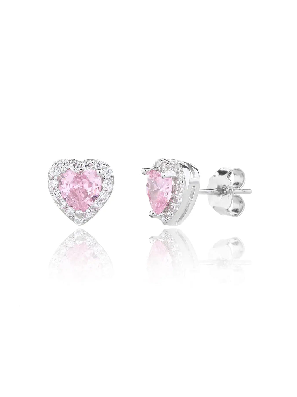 Pink heart and white cubic zirconia stud earrings in hallmarked, rhodium-plated 925 sterling silver – front and side views – DRESCHER Jewellery®