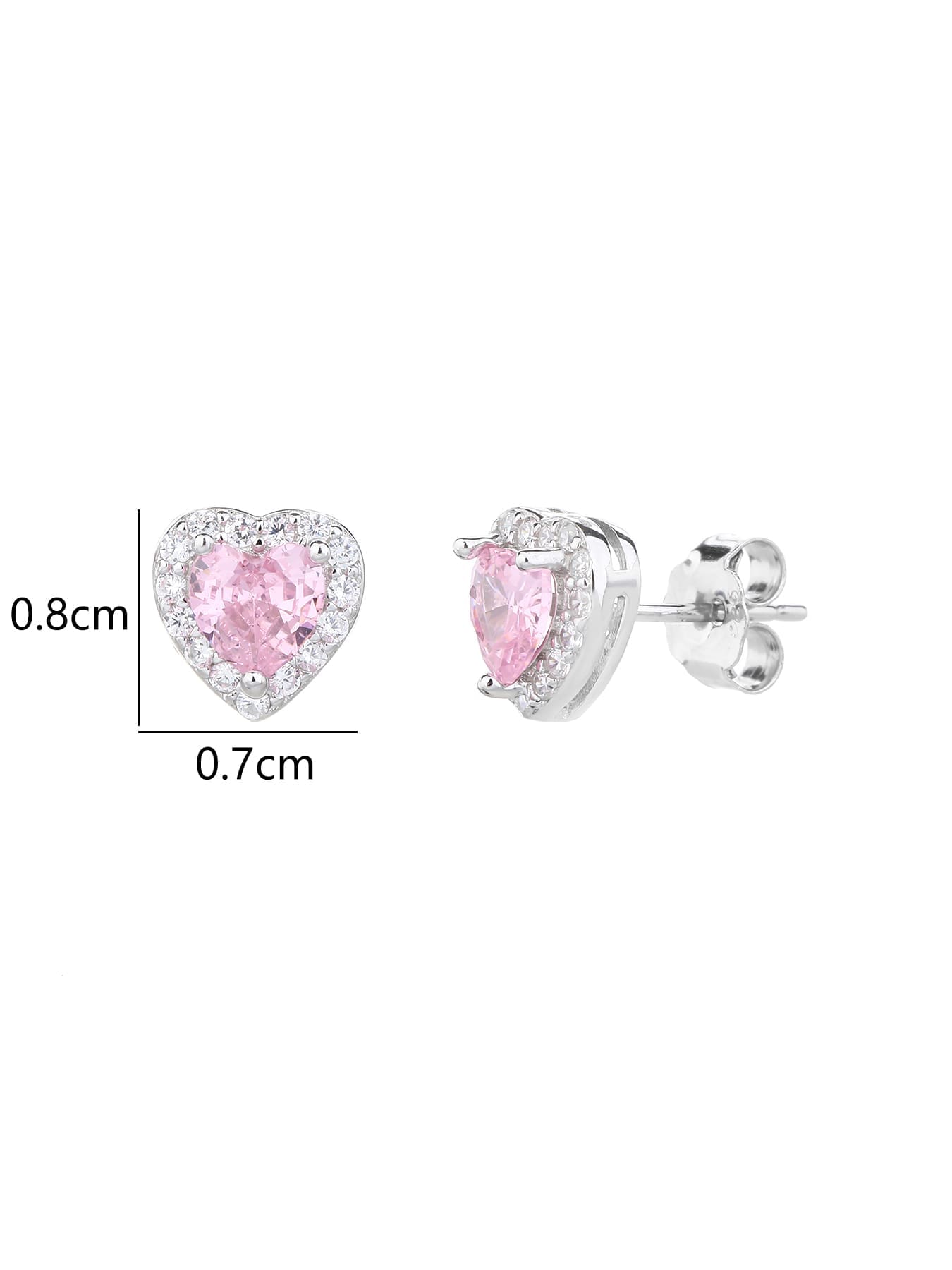 Pink heart and white cubic zirconia stud earrings in hallmarked, rhodium-plated 925 sterling silver – 0.8 × 0.7 cm dimensions – DRESCHER Jewellery®