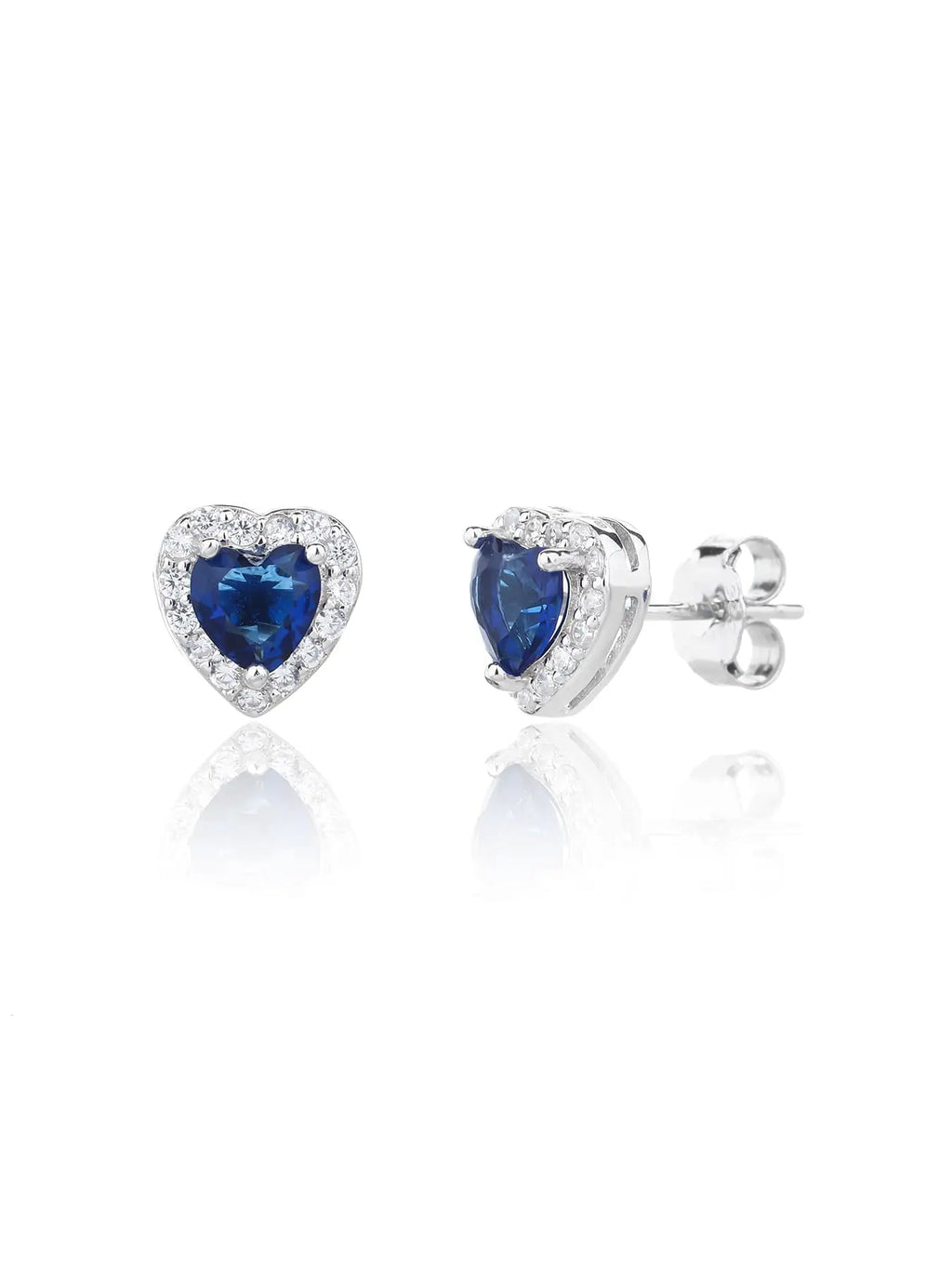 Dark blue heart and white cubic zirconia halo stud earrings in hallmarked, rhodium-plated 925 sterling silver – front and side views – DRESCHER Jewellery®