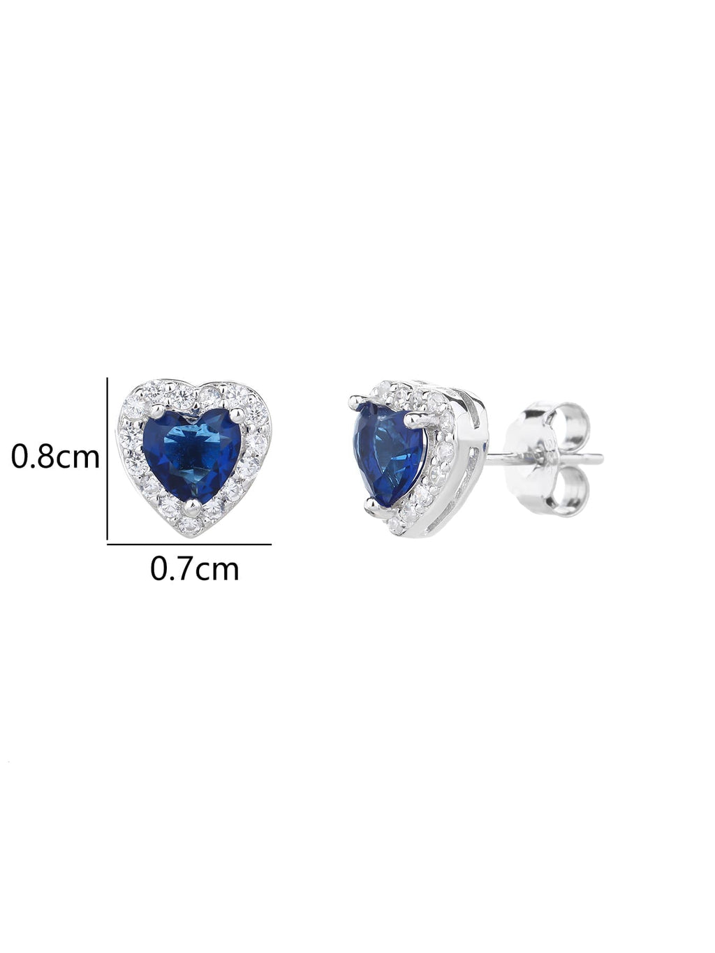 Dark blue heart and white cubic zirconia halo stud earrings in hallmarked, rhodium-plated 925 sterling silver – 0.8 × 0.7 cm dimensions – DRESCHER Jewellery®