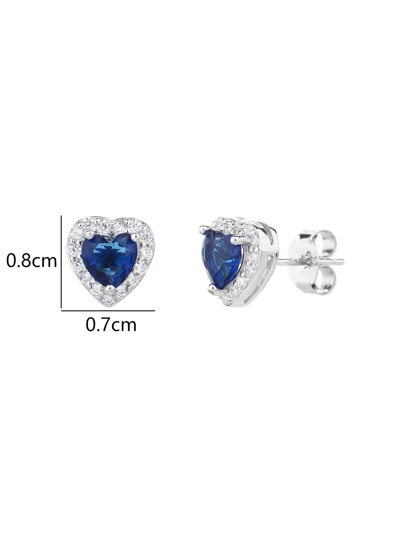 Dark blue heart and white cubic zirconia halo stud earrings in hallmarked, rhodium-plated 925 sterling silver – 0.8 × 0.7 cm dimensions – DRESCHER Jewellery®
