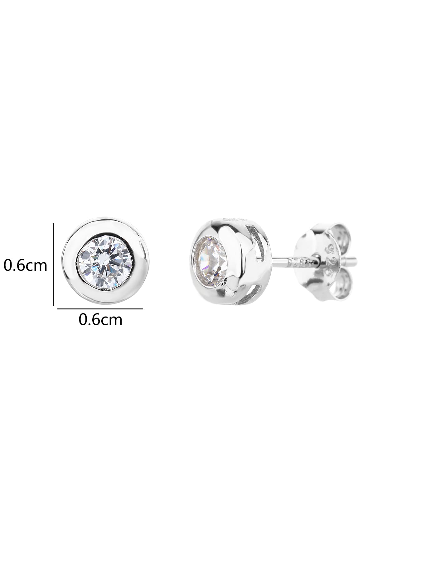 White cubic zirconia button-set stud earrings in hallmarked, rhodium-plated 925 sterling silver – dimensions – DRESCHER Jewellery®