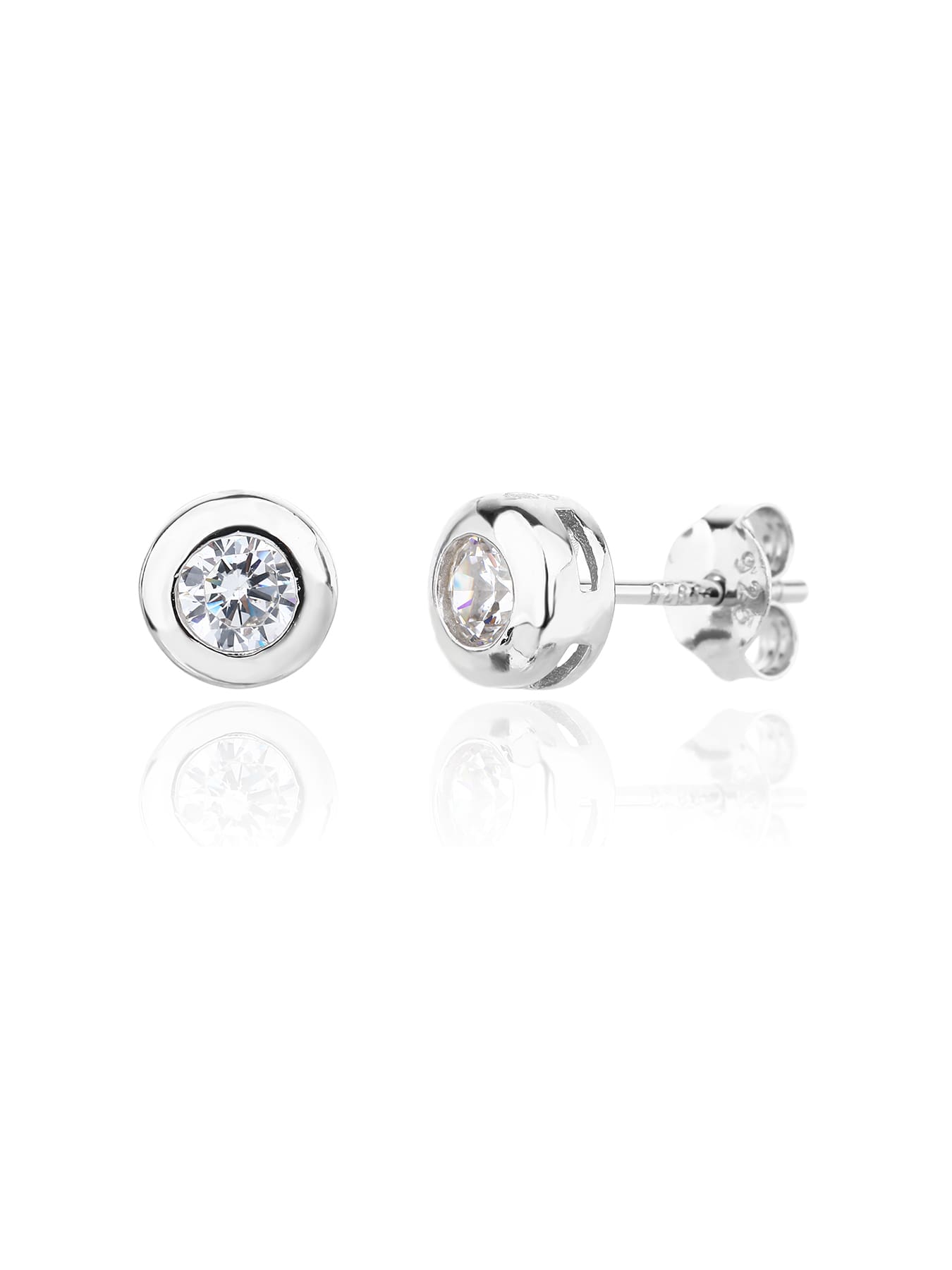White cubic zirconia button-set stud earrings in hallmarked, rhodium-plated 925 sterling silver – front and side views – DRESCHER Jewellery®