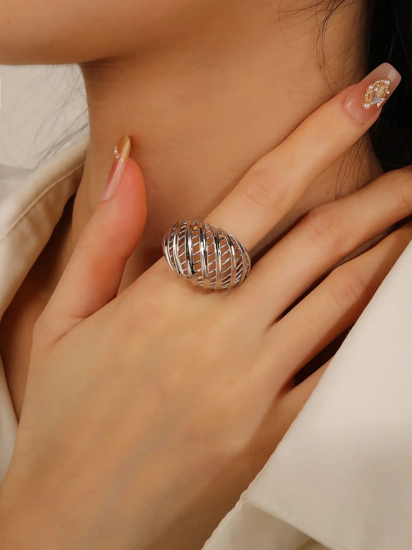 Silver wide striped design ring