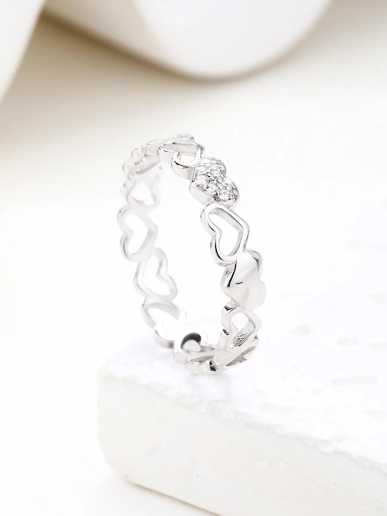 Silver heart motif ring with cubic zirconia decoration