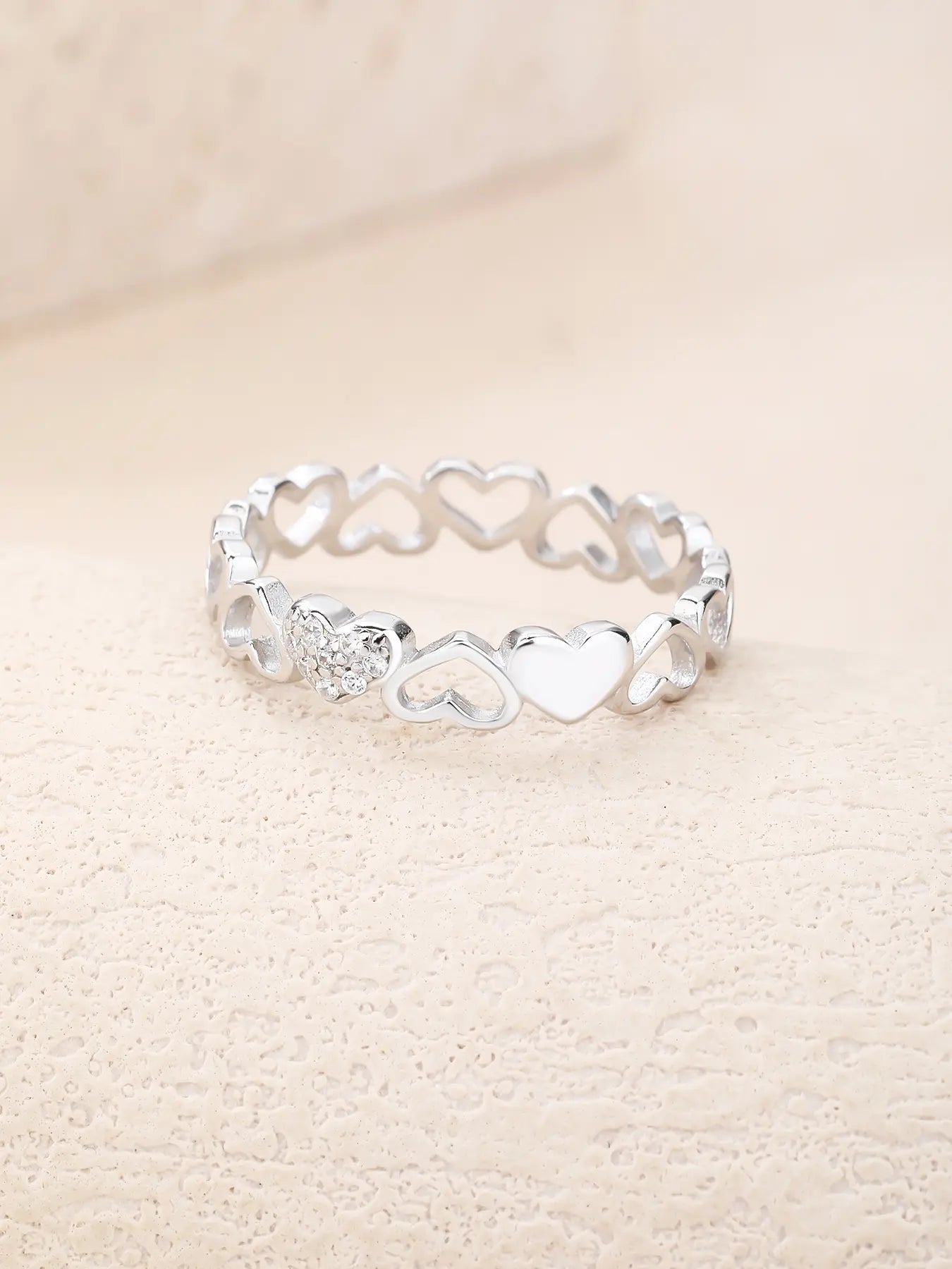 Silver heart motif ring with cubic zirconia decoration