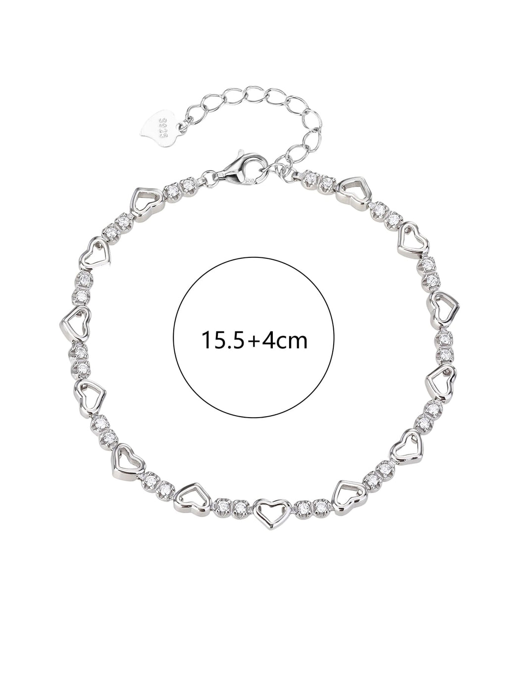 heart bracelet with zirconia stones in hallmarked, rhodium-plated 925 sterling silver – dimensions view – DRESCHER Jewellery®