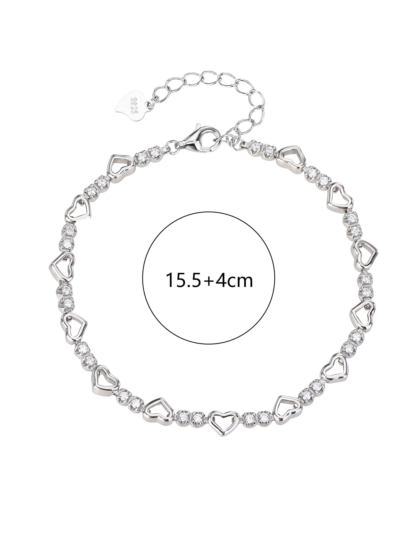 heart bracelet with zirconia stones in hallmarked, rhodium-plated 925 sterling silver – dimensions view – DRESCHER Jewellery®