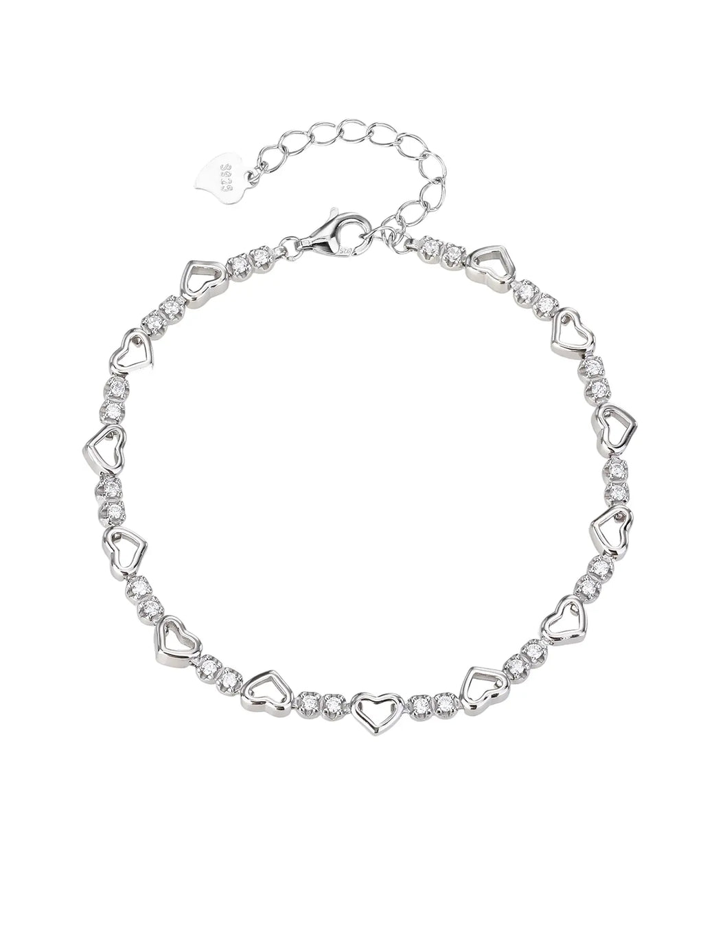 heart bracelet with zirconia stones in hallmarked, rhodium-plated 925 sterling silver – front view – DRESCHER Jewellery®