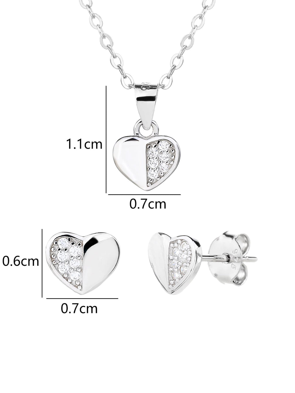 heart set with white stones in hallmarked, rhodium-plated 925 sterling silver – dimensions view – DRESCHER Jewellery®