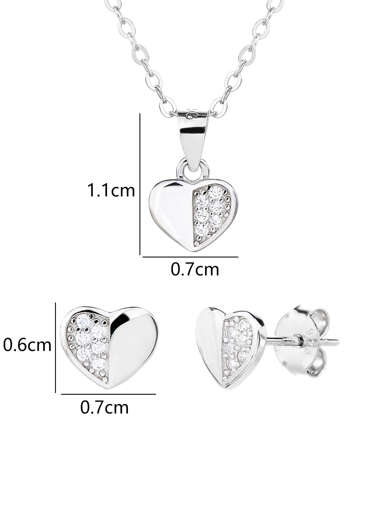 heart set with white stones in hallmarked, rhodium-plated 925 sterling silver – dimensions view – DRESCHER Jewellery®