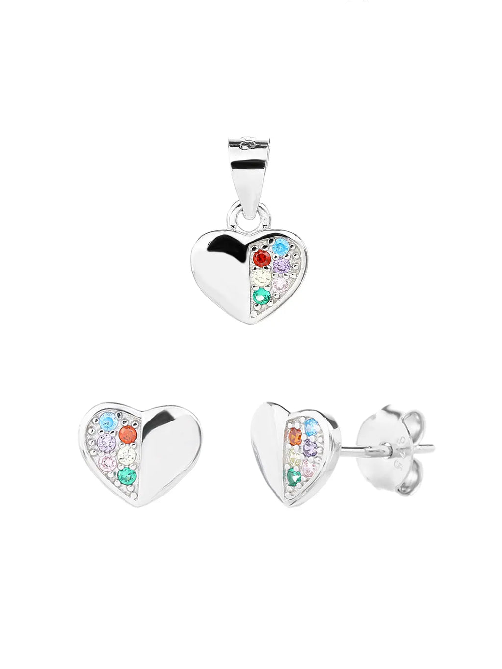 heart set with coloured stones in hallmarked, rhodium-plated 925 sterling silver – front set view – DRESCHER Jewellery®