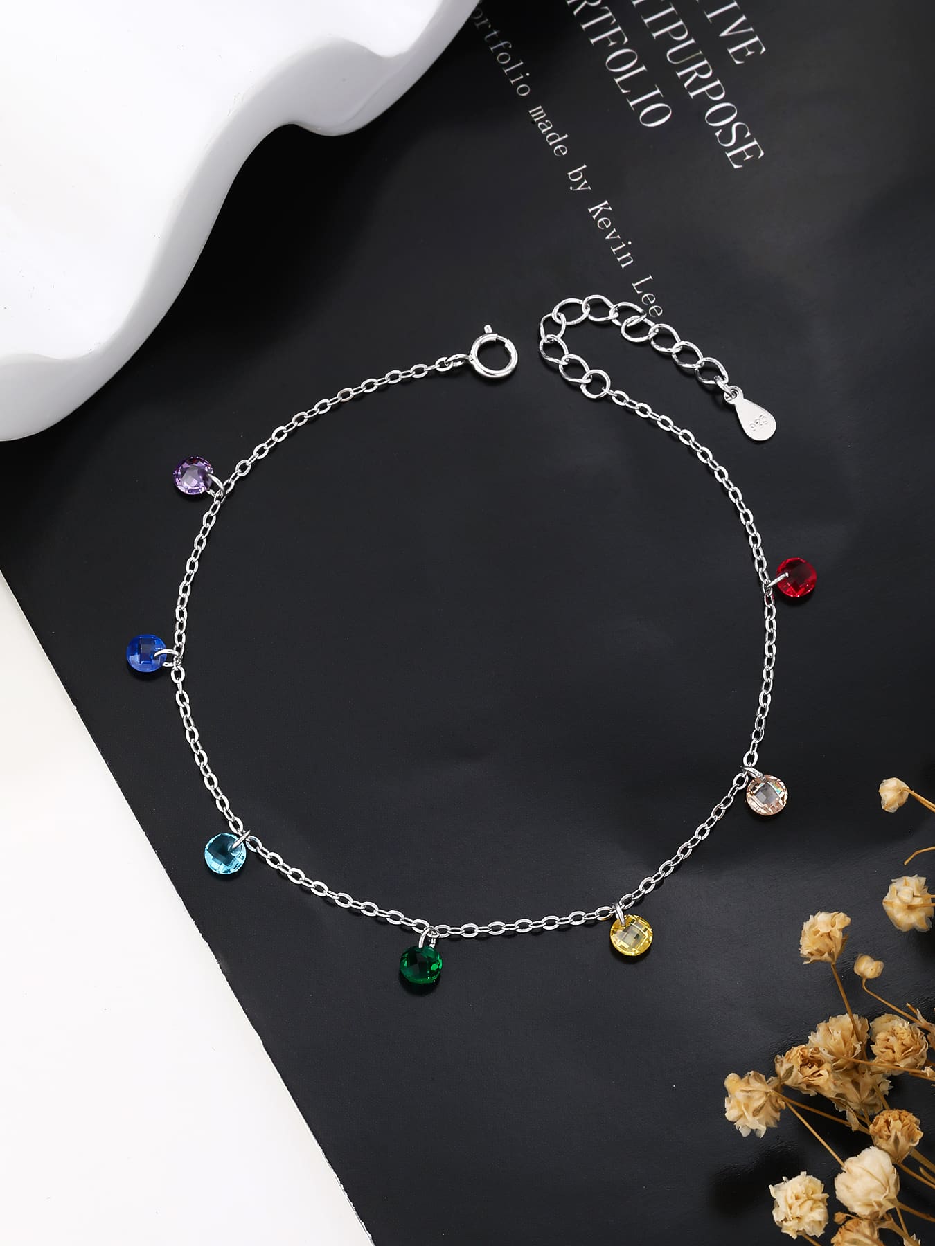 rainbow cubic zirconia stone bracelet in hallmarked, rhodium-plated 925 sterling silver – worn view – DRESCHER Jewellery®