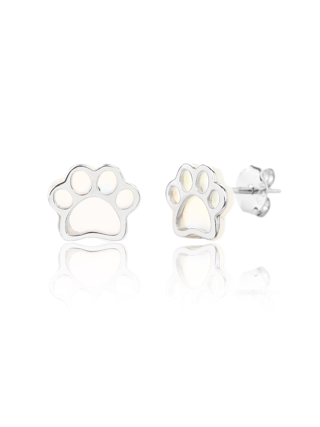 Paw-print stud earrings with mother-of-pearl inlays and silver components crafted from hallmarked, rhodium-plated 925 sterling silver – front and side views – DRESCHER Jewellery®