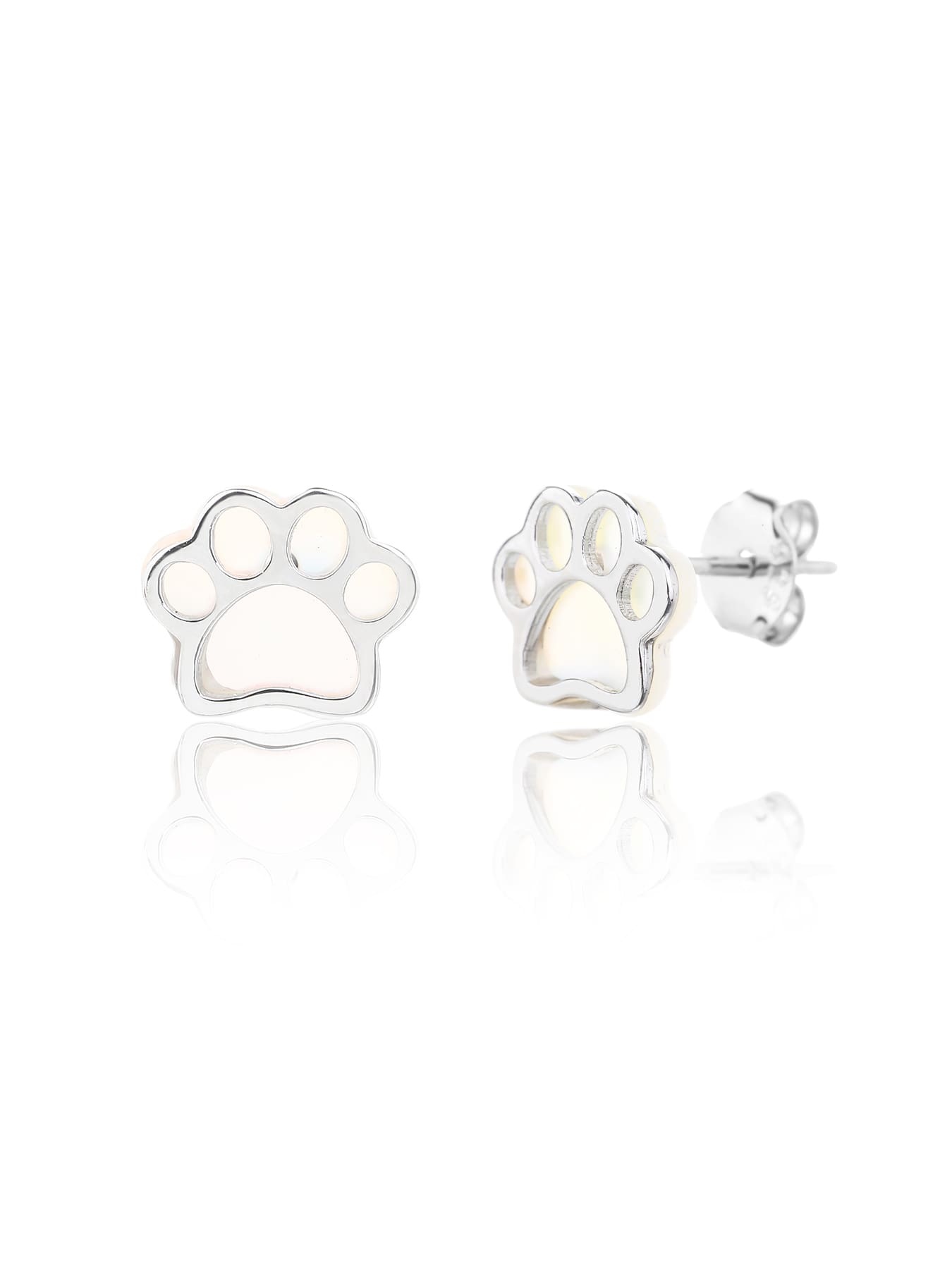 Paw-print stud earrings with mother-of-pearl inlays and silver components crafted from hallmarked, rhodium-plated 925 sterling silver – front and side views – DRESCHER Jewellery®