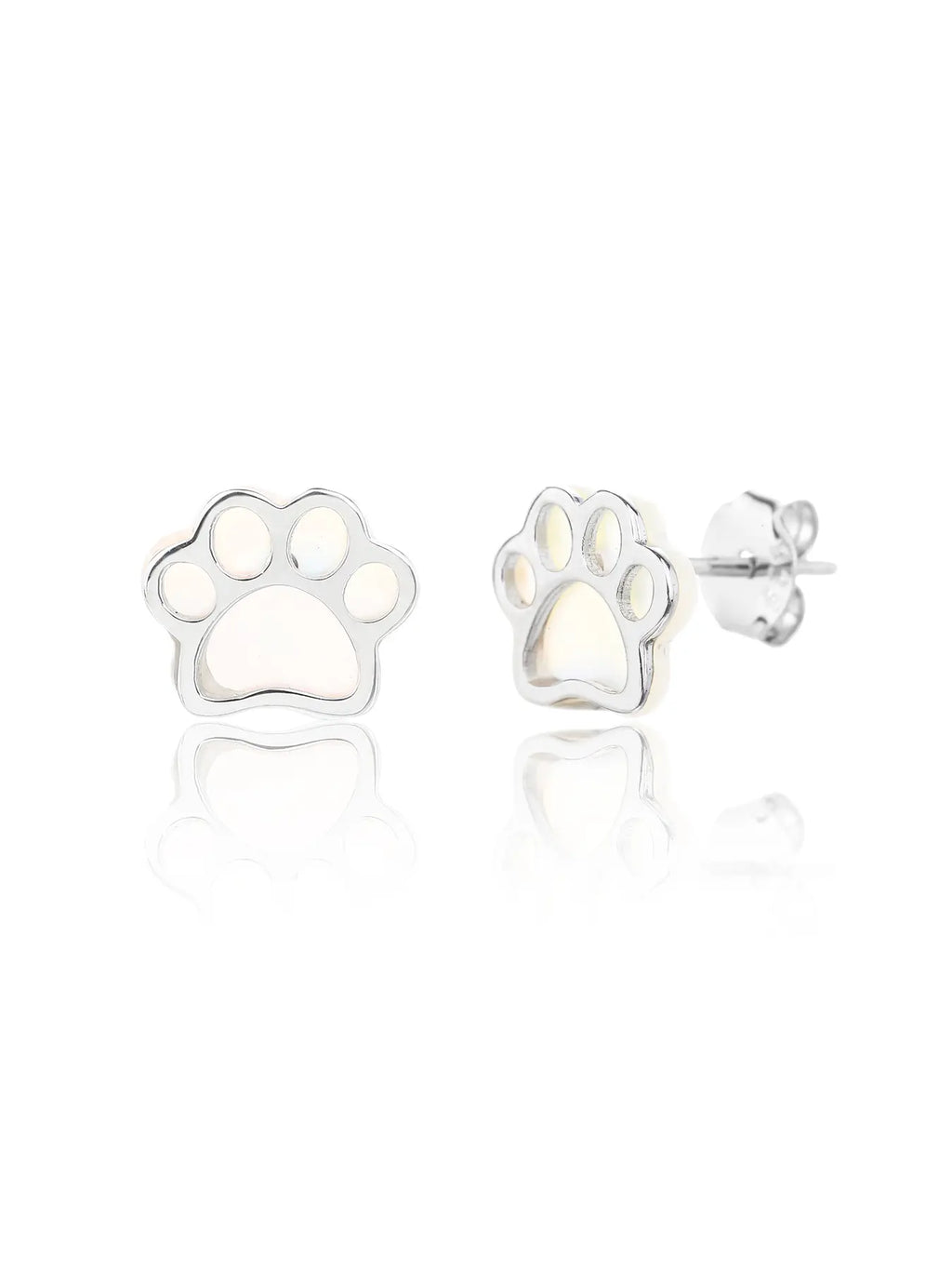 Paw-print stud earrings with mother-of-pearl inlays and silver components crafted from hallmarked, rhodium-plated 925 sterling silver – front and side views – DRESCHER Jewellery®