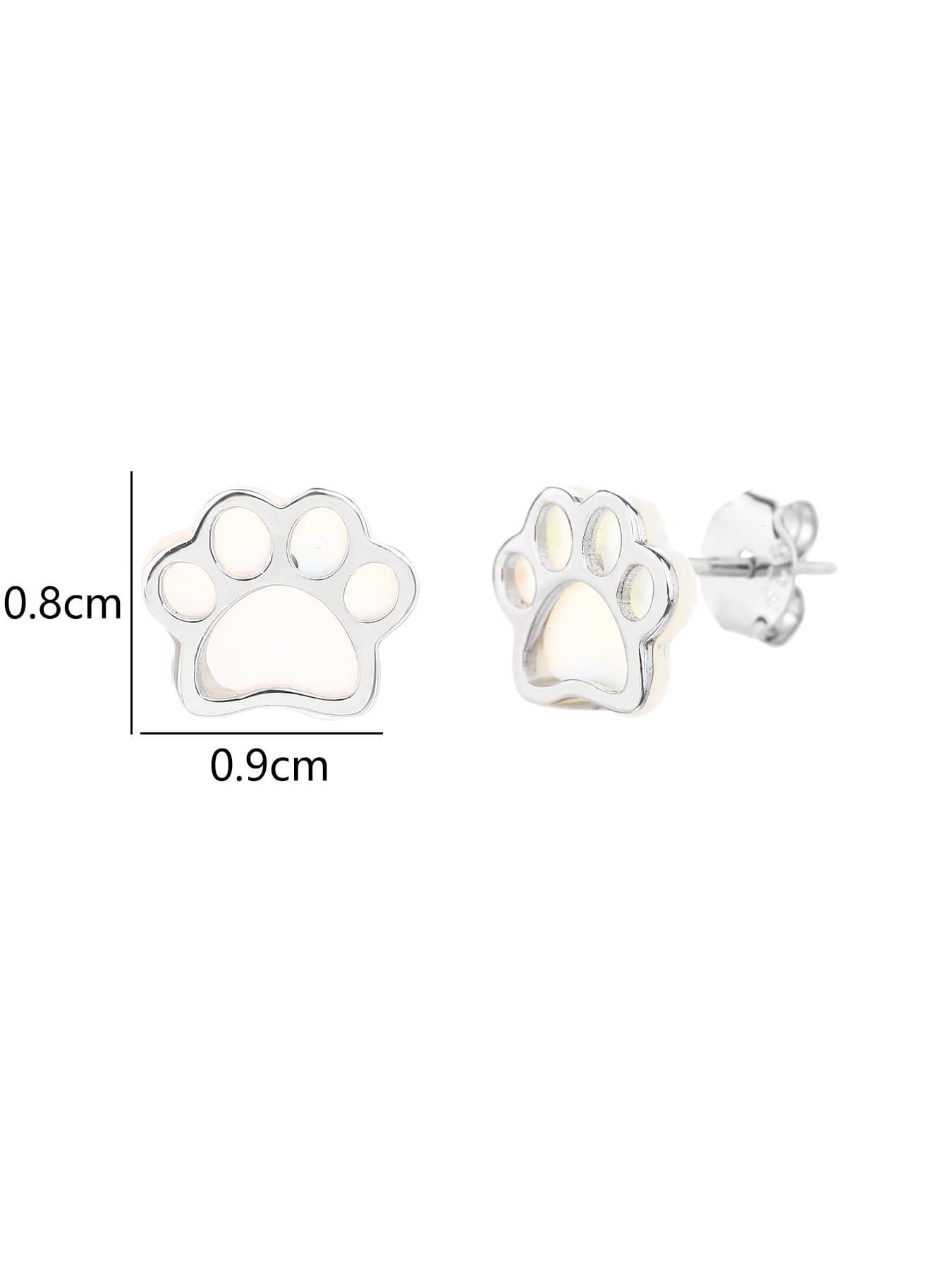Paw-print stud earrings with mother-of-pearl inlays and silver components crafted from hallmarked, rhodium-plated 925 sterling silver – 0.8 × 0.9 cm dimensions – DRESCHER Jewellery®