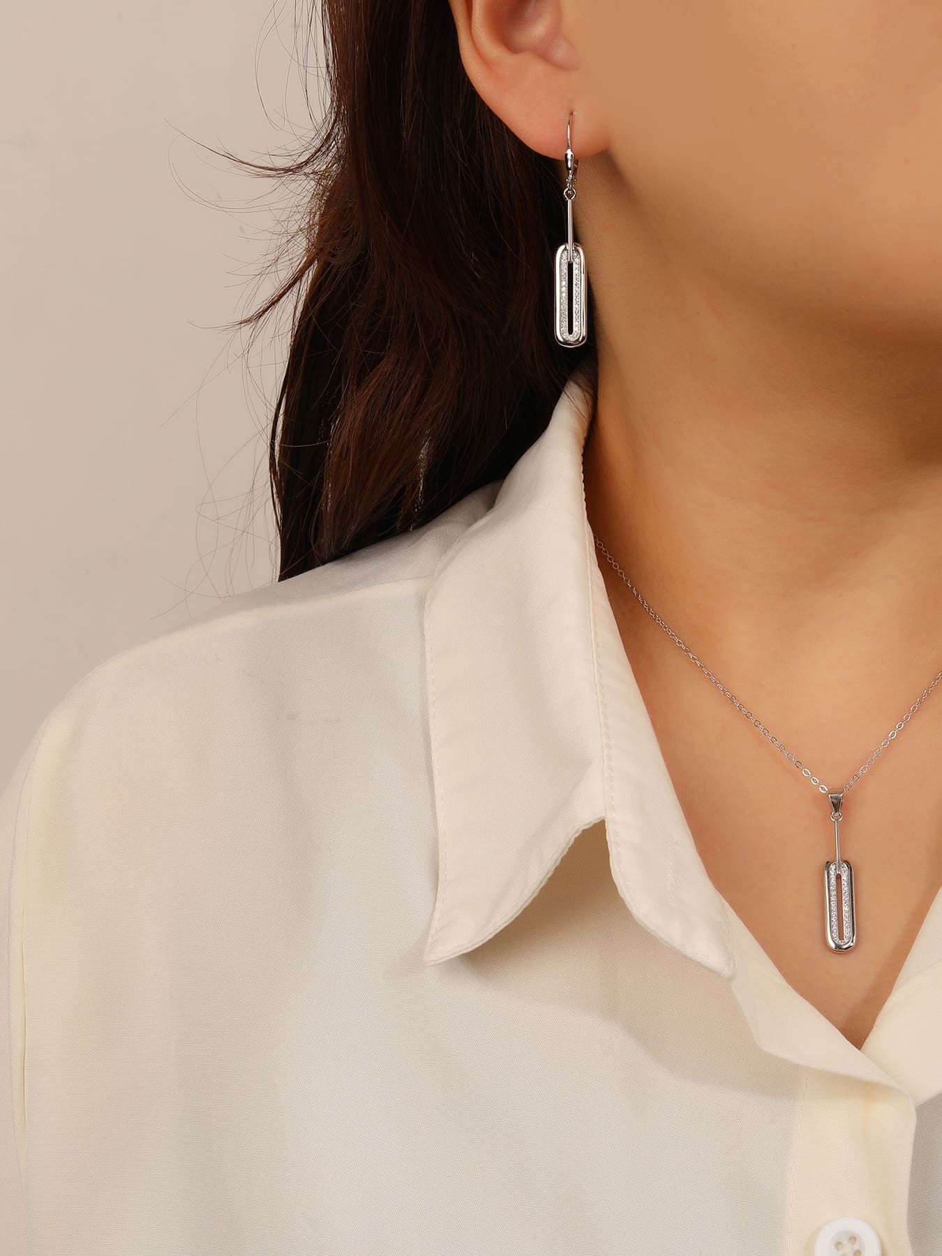 rectangular white stone set with jewels in hallmarked, rhodium-plated 925 sterling silver – worn view – DRESCHER Jewellery®