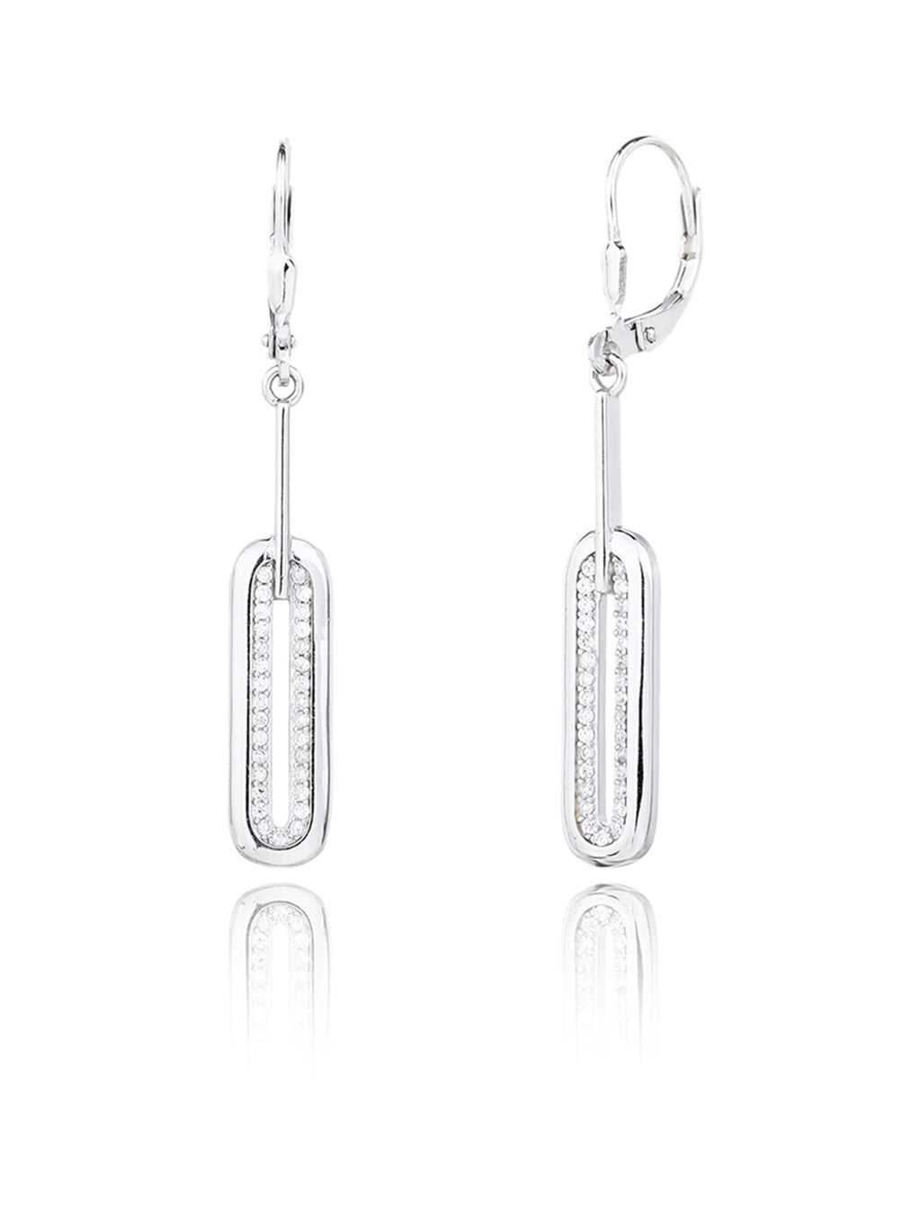 rectangular white stone set with jewels in hallmarked, rhodium-plated 925 sterling silver – earrings front and side views – DRESCHER Jewellery®