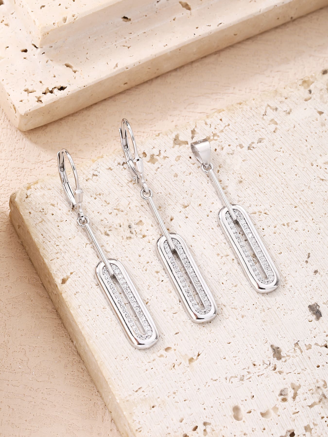 rectangular white stone set with jewels in hallmarked, rhodium-plated 925 sterling silver – lifestyle view – DRESCHER Jewellery®