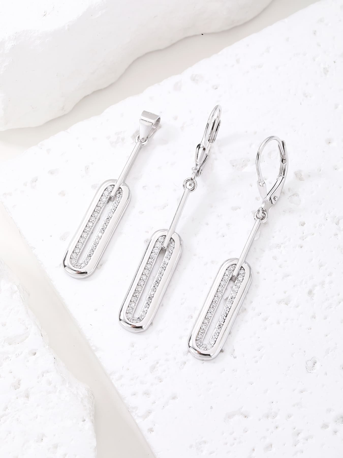 rectangular white stone set with jewels in hallmarked, rhodium-plated 925 sterling silver – display view – DRESCHER Jewellery®