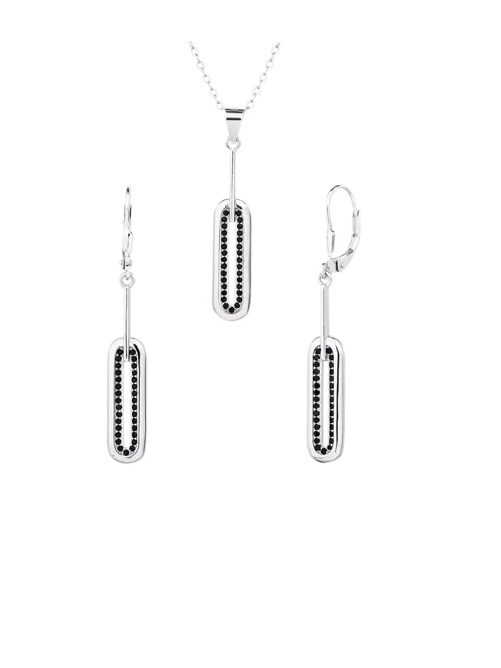 rectangular black stone jewel set in hallmarked, rhodium-plated 925 sterling silver – front set view – DRESCHER Jewellery®
