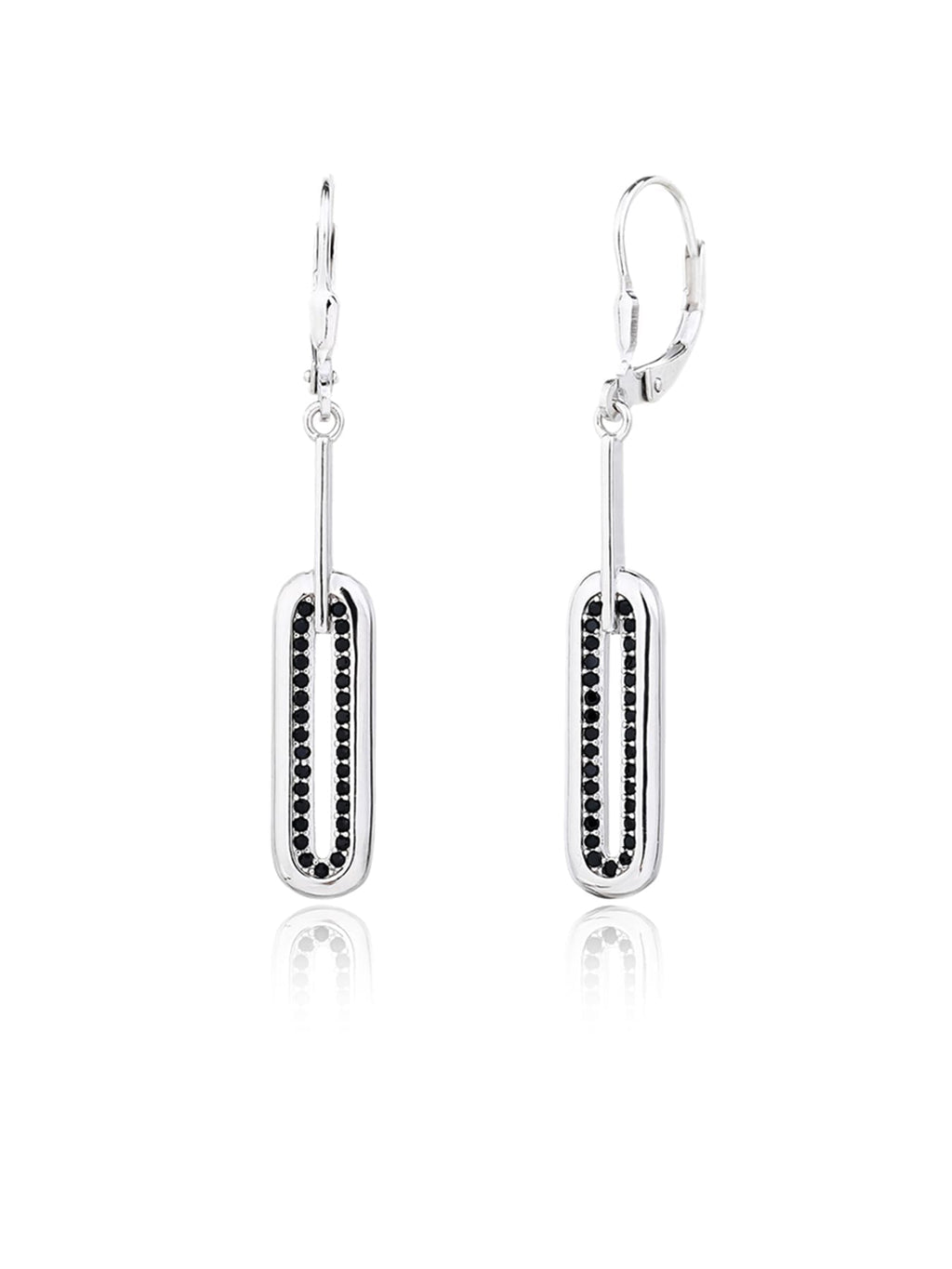 rectangular black stone jewel set in hallmarked, rhodium-plated 925 sterling silver – earrings front and side views – DRESCHER Jewellery®