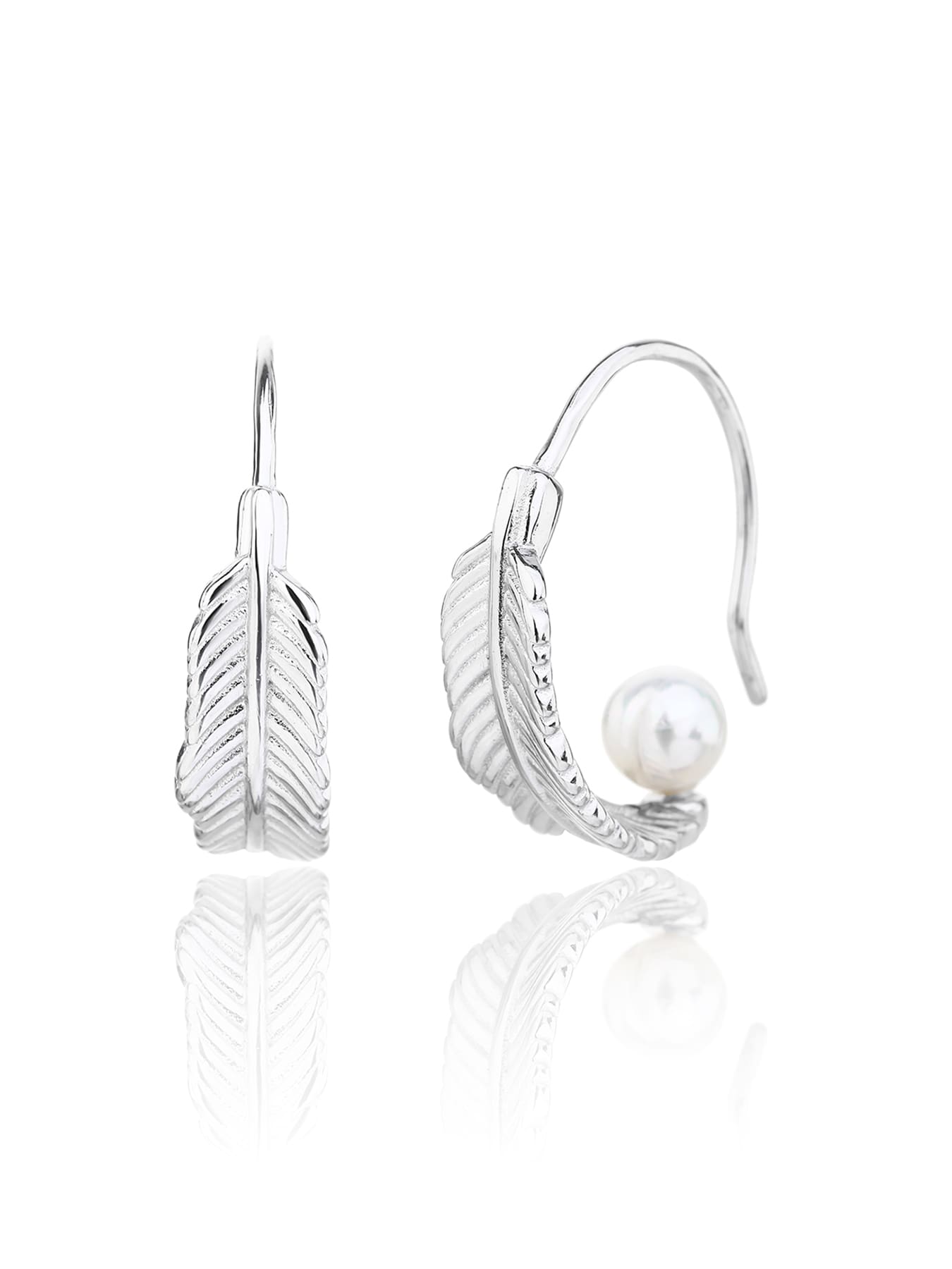 White pearl feather earrings, with silver components crafted from hallmarked, rhodium-plated 925 sterling silver – front and side views – DRESCHER Jewellery®