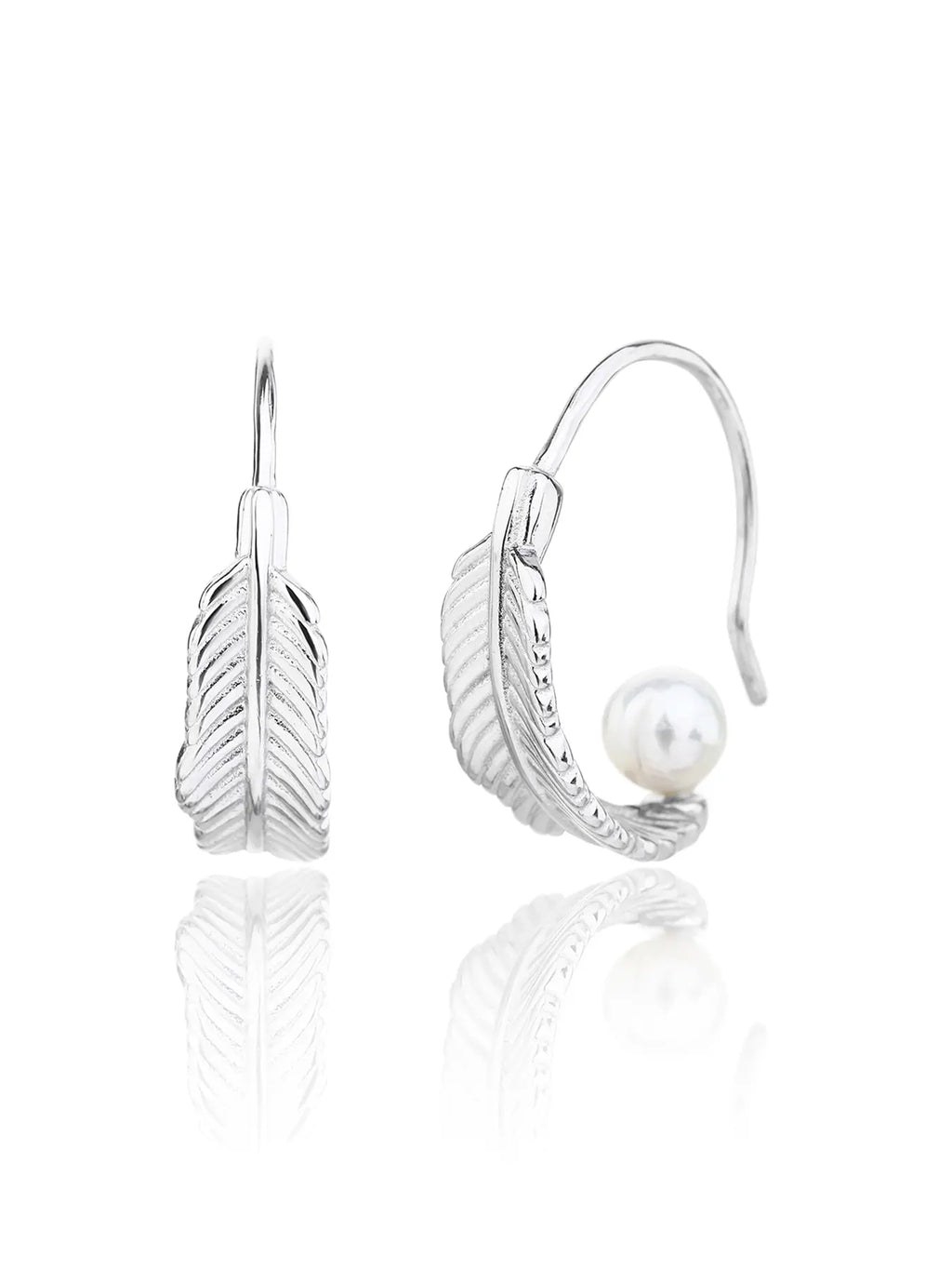 White pearl feather earrings, with silver components crafted from hallmarked, rhodium-plated 925 sterling silver – front and side views – DRESCHER Jewellery®