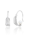 Silver feather earrings with white pearl