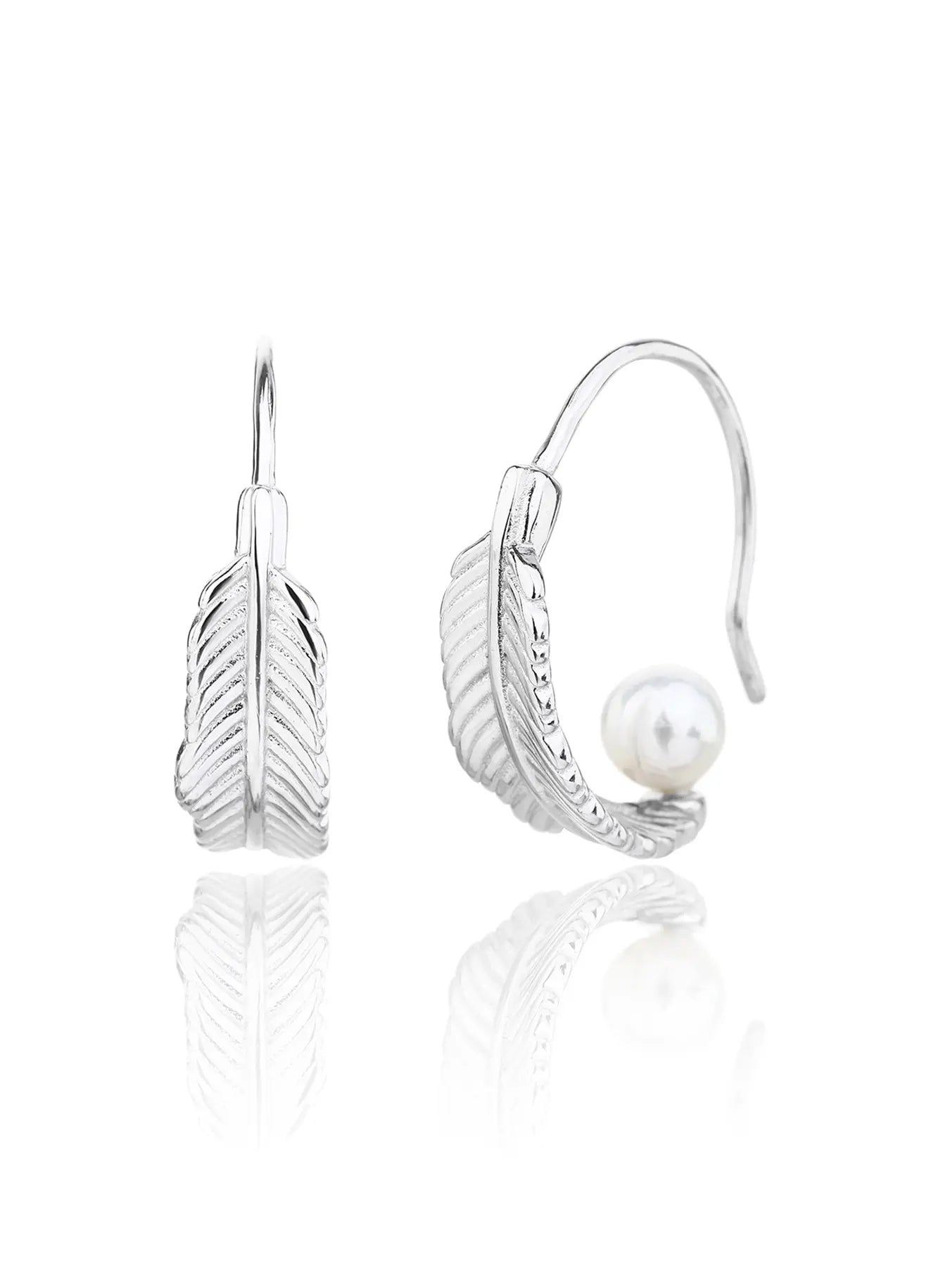 Silver feather earrings with white pearl