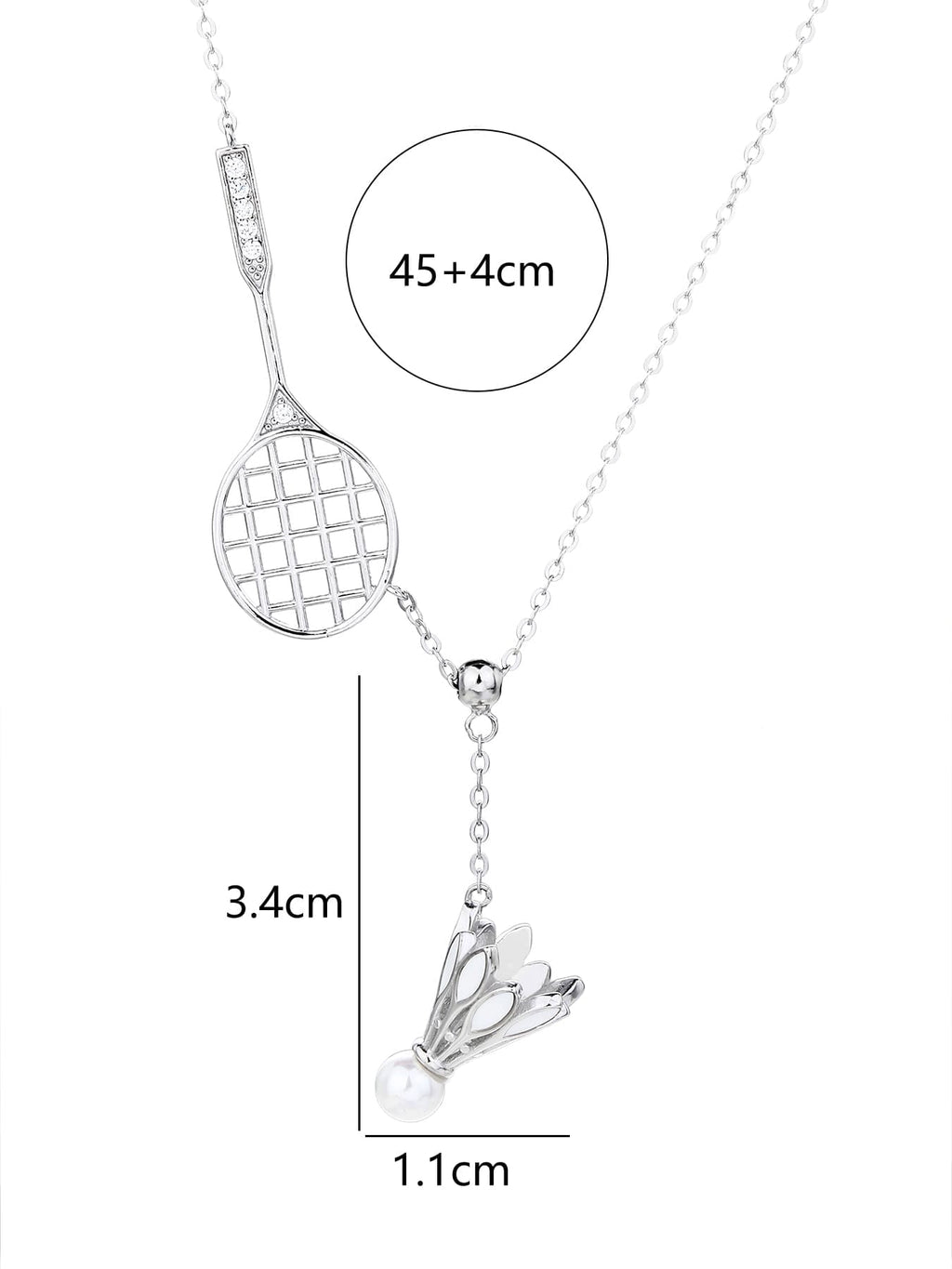 Badminton racket and shuttlecock pendant necklace with white cubic zirconia and pearl detail, crafted with hallmarked, rhodium-plated 925 sterling silver – dimensions view – DRESCHER Jewellery®