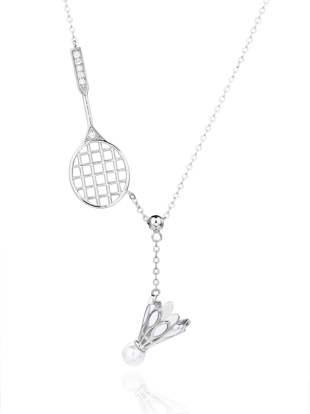 Badminton racket and shuttlecock pendant necklace with white cubic zirconia and pearl detail, crafted with hallmarked, rhodium-plated 925 sterling silver – alternate front view – DRESCHER Jewellery®