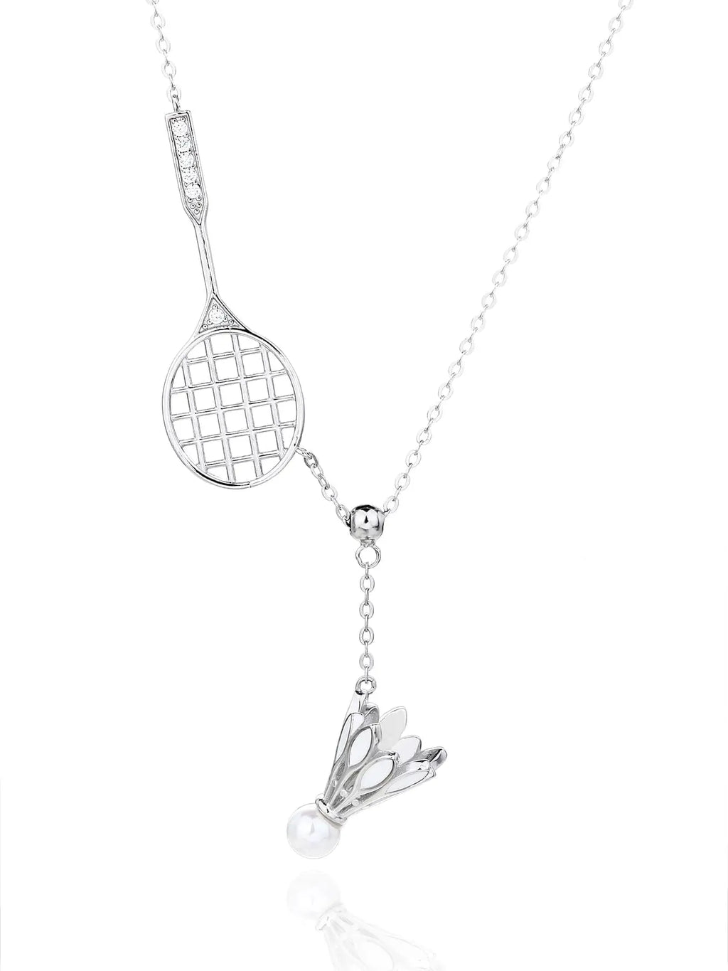 Badminton racket and shuttlecock pendant necklace with white cubic zirconia and pearl detail, crafted with hallmarked, rhodium-plated 925 sterling silver – front view – DRESCHER Jewellery®
