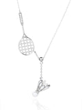 Silver badminton and badminton ball pendant necklace with white cubic zirconia and pearl