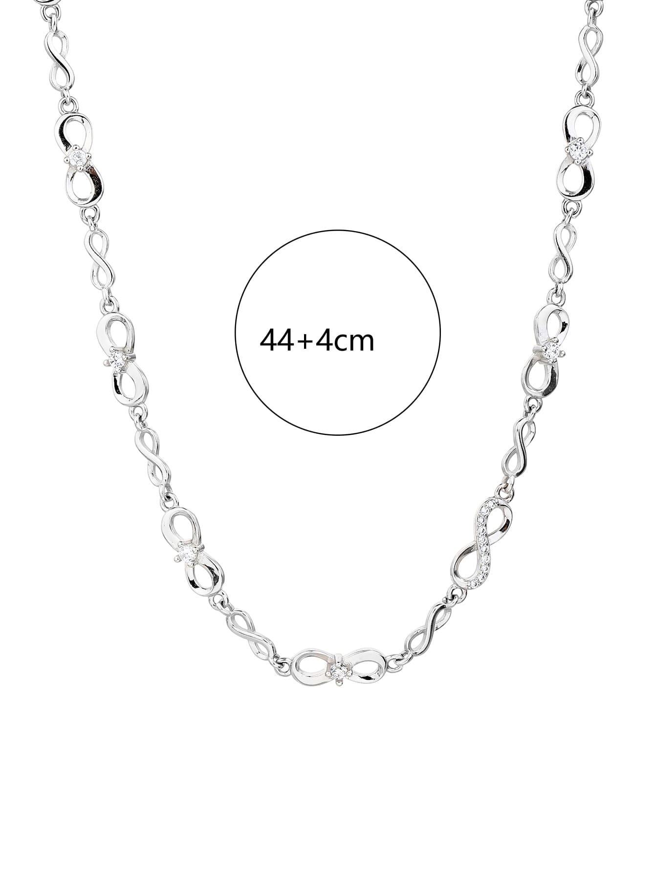 infinity sign necklace with zirconia stones (44+4 cm) in hallmarked, rhodium-plated 925 sterling silver – dimensions view – DRESCHER Jewellery®