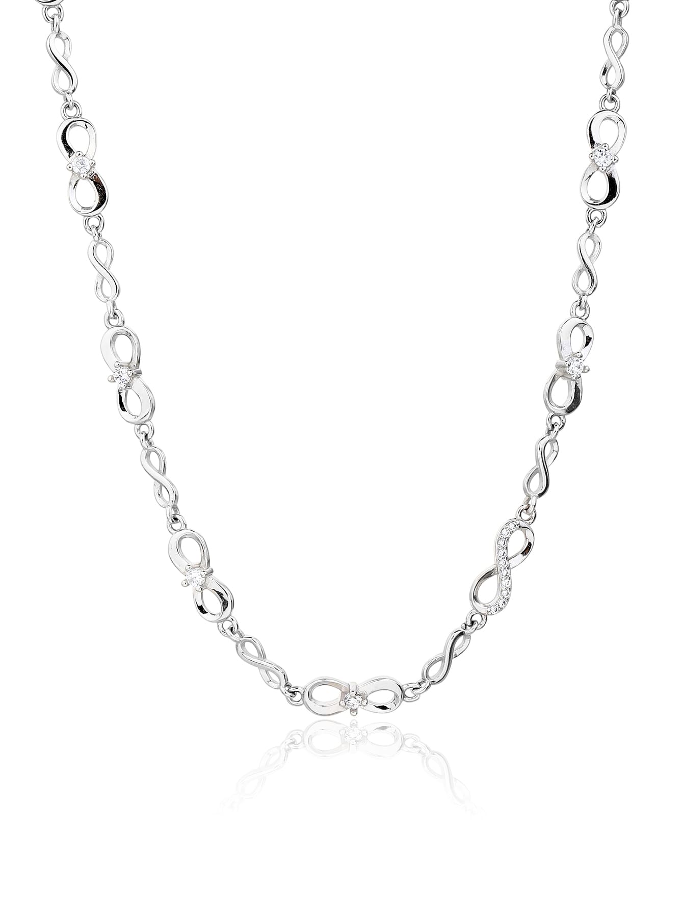 infinity sign necklace with zirconia stones (44+4 cm) in hallmarked, rhodium-plated 925 sterling silver – alternate front view – DRESCHER Jewellery®