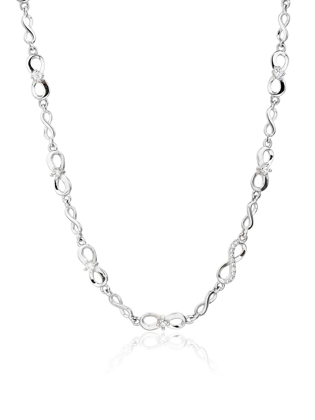 infinity sign necklace with zirconia stones (44+4 cm) in hallmarked, rhodium-plated 925 sterling silver – front view – DRESCHER Jewellery®