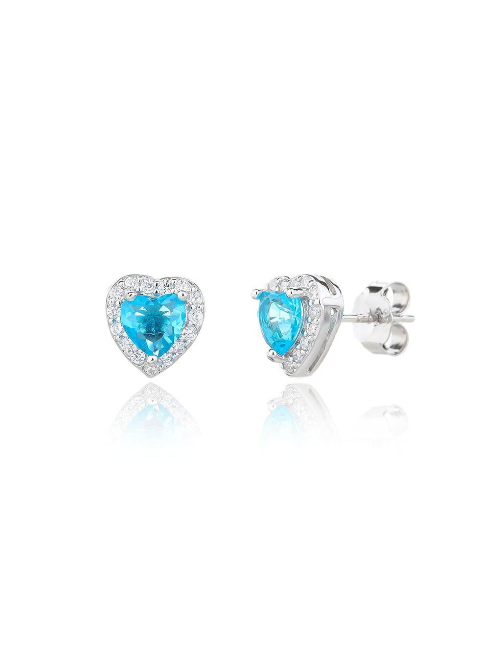 light blue heart shaped stone stud earrings with white cubic zirconia in hallmarked, rhodium-plated 925 sterling silver – alternate front and side views – DRESCHER Jewellery®