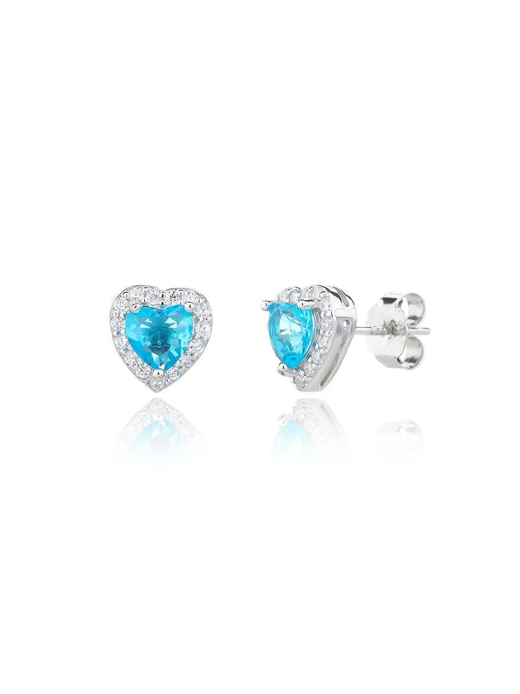 light blue heart shaped stone stud earrings with white cubic zirconia in hallmarked, rhodium-plated 925 sterling silver – front and side views – DRESCHER Jewellery®