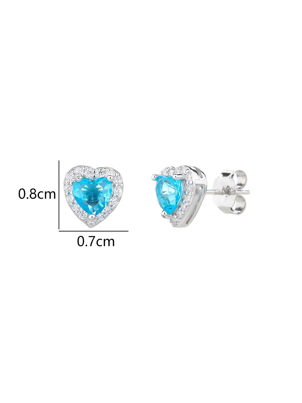 light blue heart shaped stone stud earrings with white cubic zirconia in hallmarked, rhodium-plated 925 sterling silver – dimensions view – DRESCHER Jewellery®